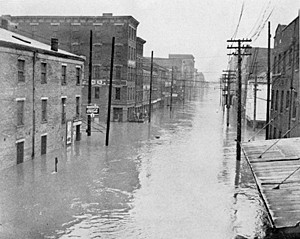 A view of second street from the Suspension Bridge during the Great Flood of 1937.