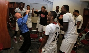 Larry Davis celebrates after beating Purdue in OT.