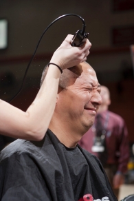 UC President Santa Ono and student body president Lane Hart shaved their heads to support the Dragonfly Foundation.