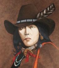 Painting of a man who resembles a cowboy and an Indian.