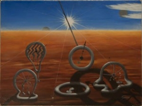 Painting contains items that look like clock faces melting in the hot sun.