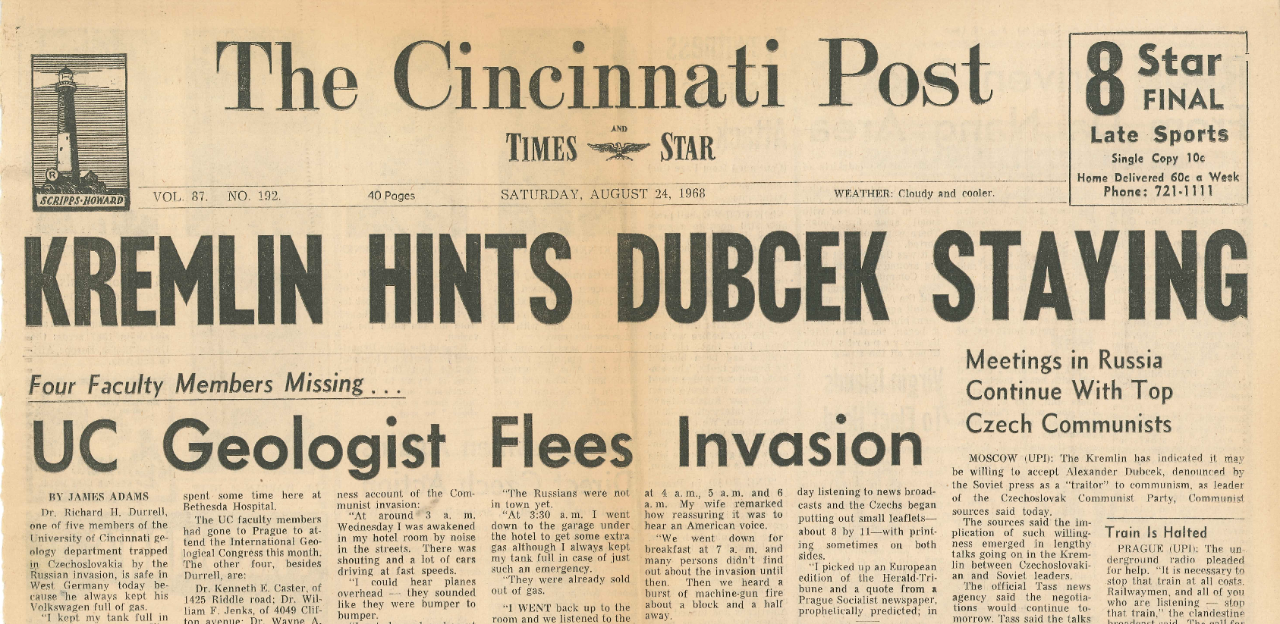 Warren Huff was one of the four UC faculty members unaccounted for in the wake of the Soviet invasion as reported on the front page of The Cincinnati Post on Aug. 24, 1968.