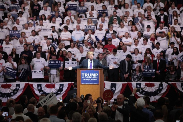 Donald Trump speaking with supporters at a campaign rally at the South Point Arena in Las Vegas, Nevada.