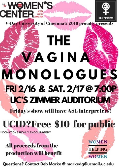 Poster of The Vagina Monologues coming to UC's Zimmer Auditorium