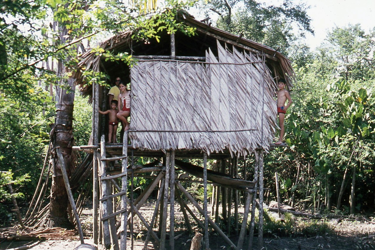 Andy Bonamer, right, shown here with his family at a hut where the family had a barbeque lunch in the Brazilian Amazon. Andy, whose son Mick Bonamer is a freshman at UC, lived in the Amazon from the ages of 10-14. Mick signed up for the UC Honors study tour of the Brazilian Amazon in an effort to better understand his family's roots.  Photo courtesy of the Bonamer family 