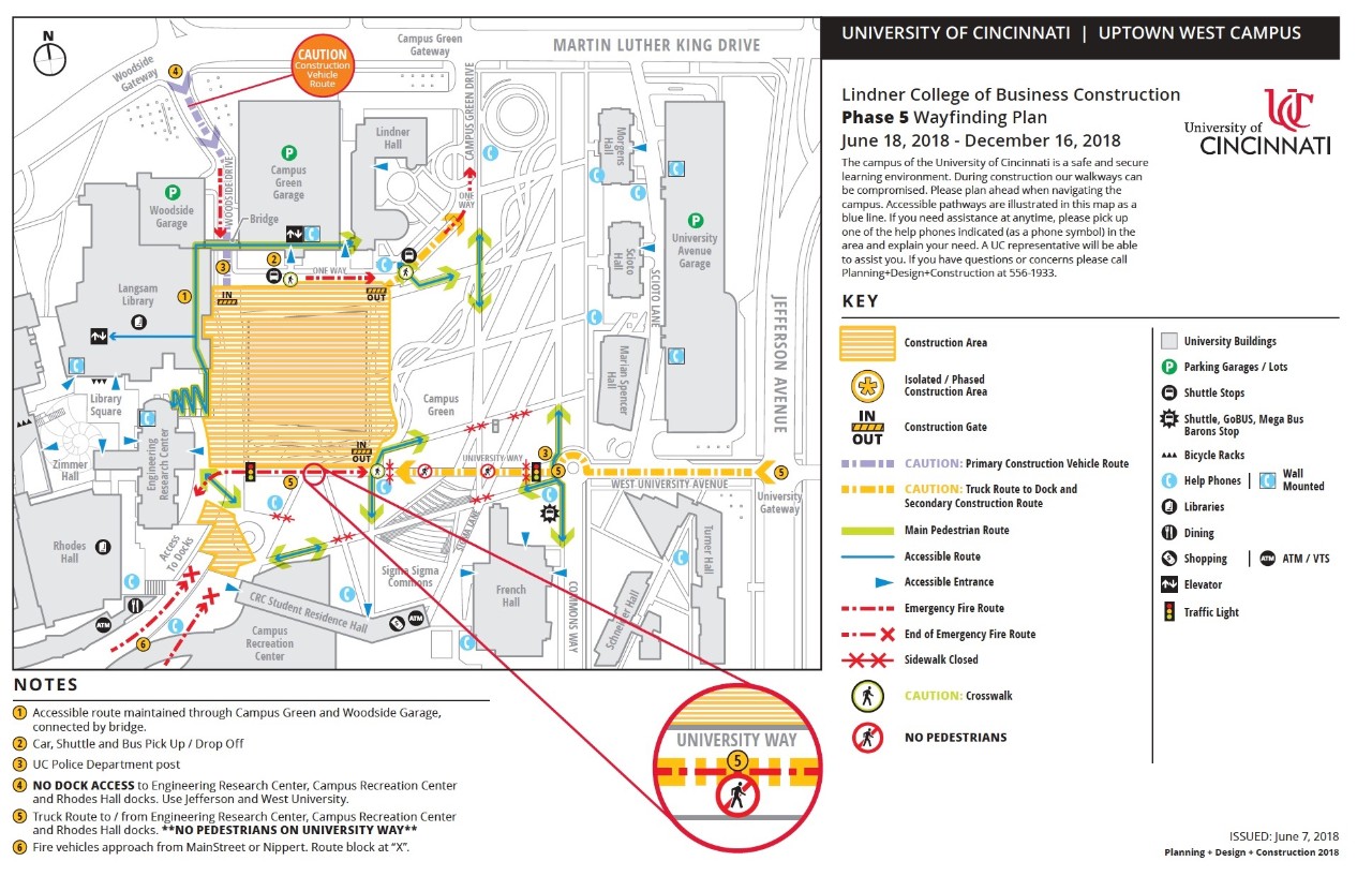 Map of west campus detours around road closures during LOCB construction in 2018.