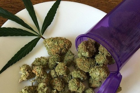 Marijuana balls and its plant leaf displayed on a table.