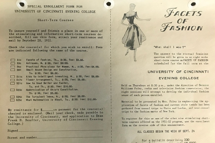 A page from UC Evening College in 1949-50 listing some of the course offerings.