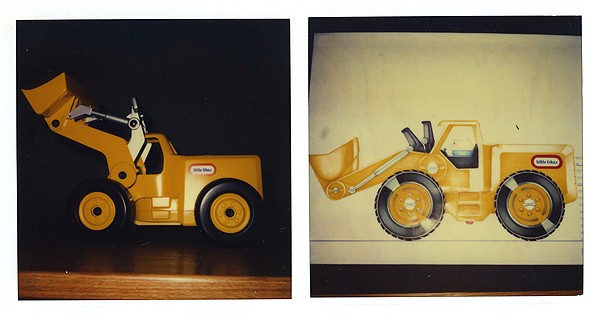 A loader and sketch. Mariol's company also created a number of construction toys, including dump trucks and diggers. Photo Courtesy of Jim Mariol