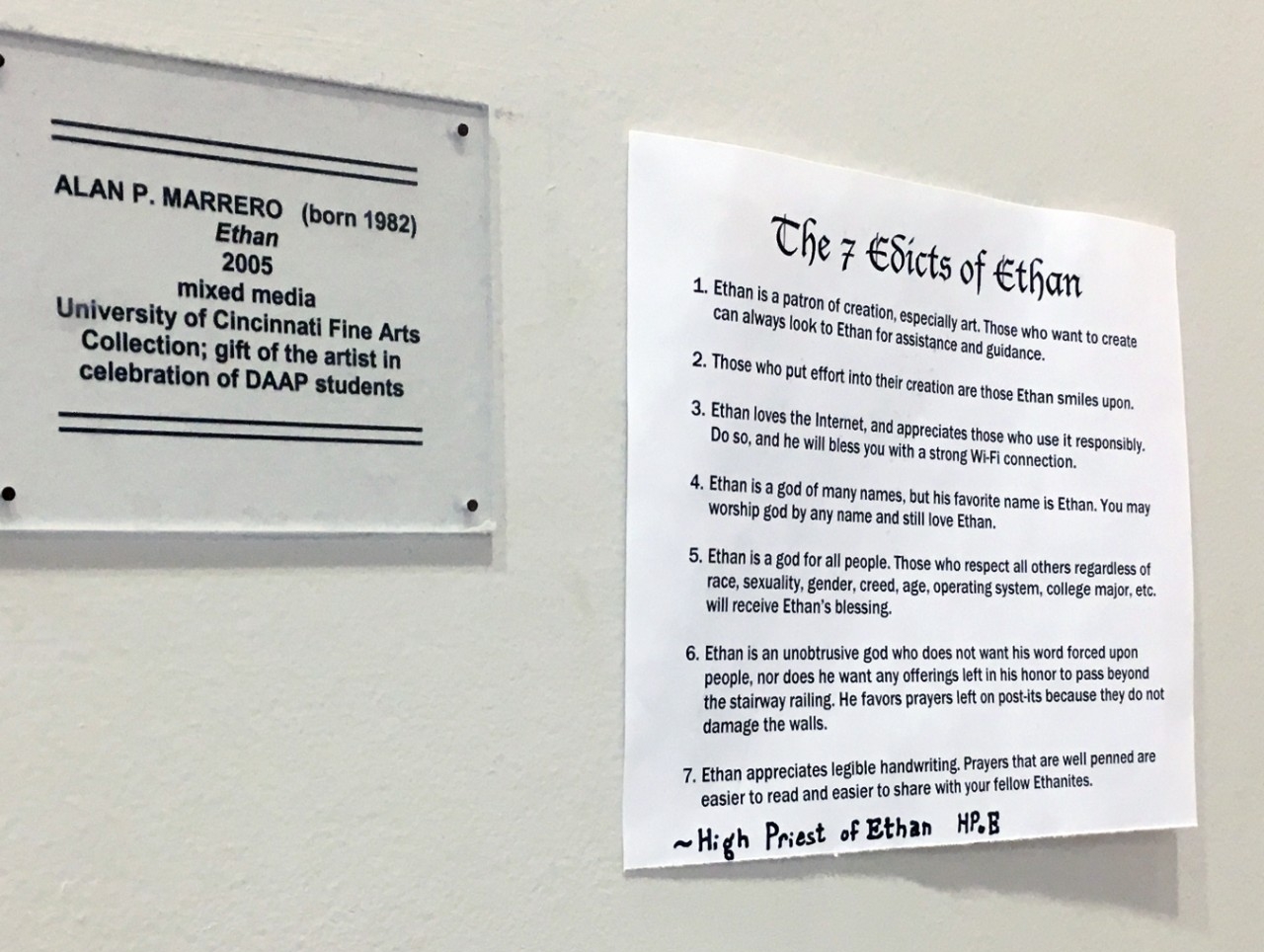 7 Edicts of Ethan sign taped to wall