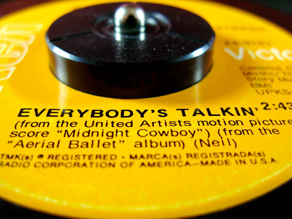 Close-up image of the vinyl record Everybody's Talkin' from the Midnight Cowboy soundtrack