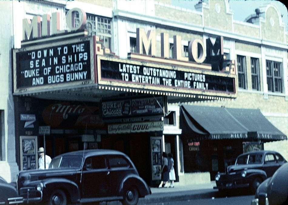 An old photo reveals the front entrance of the Milo Theater, circa 1949.