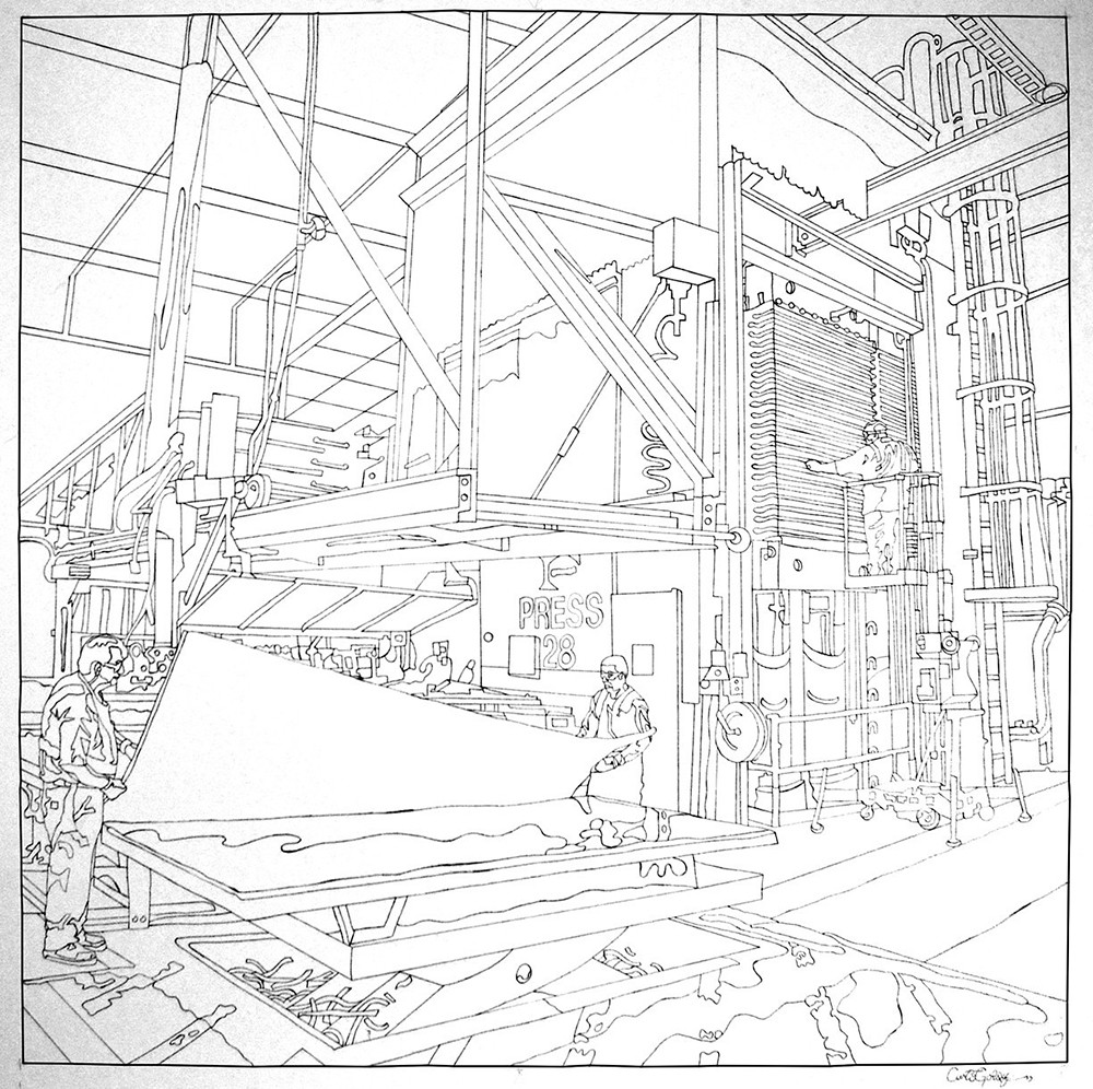 Completed line drawing of the Formica factory by Curtis Goldstein