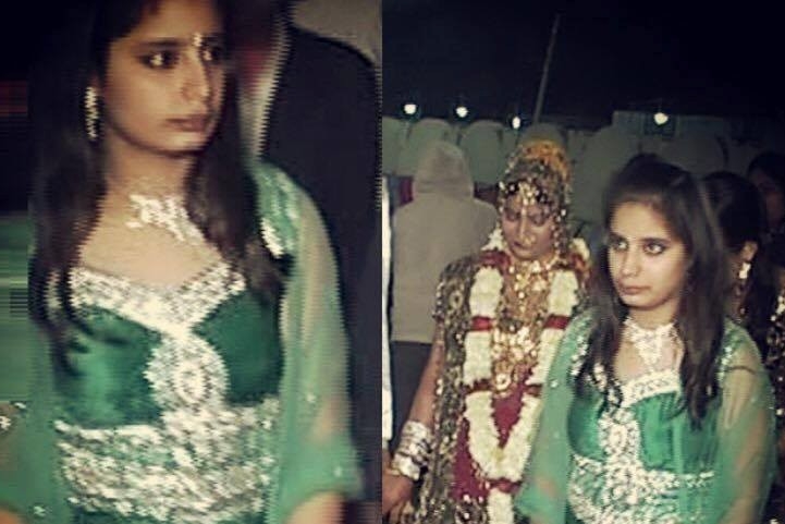 Prerna Gandhi around age 13 in a green ceremonial dress.