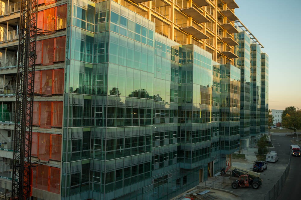 Scioto Hall’s glass wrap or curtain wall glass provides better insulation than its counterpart in Morgens Hall, saving money and energy. Photo/Lisa Ventre/Creative Services