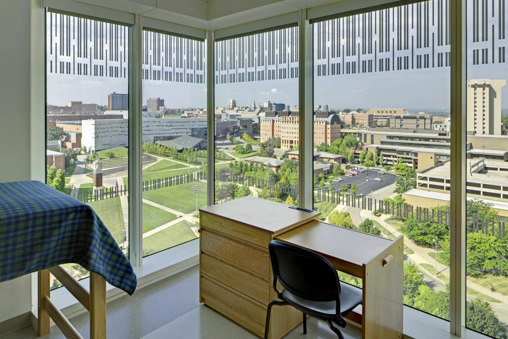 A 2-in-1 dresser-desk sits inside one of Morgens Hall dorms, overlooking Main Campus. 