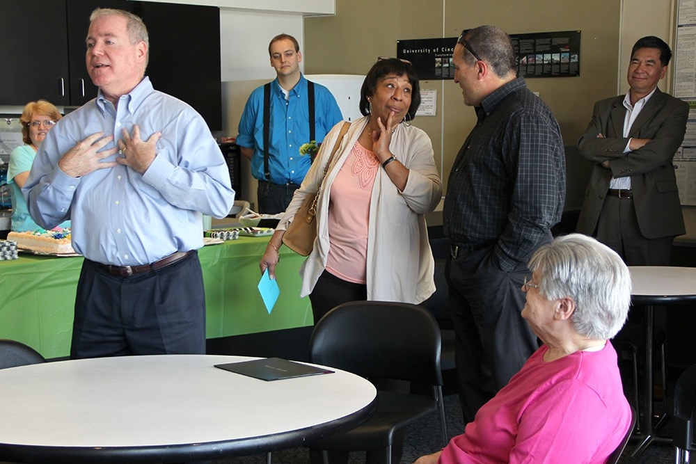 Hutzler's colleagues celebrate her career at UC at her 60th work anniversary party