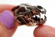 A tiny silver dire wolf skull is held in a woman's hand.