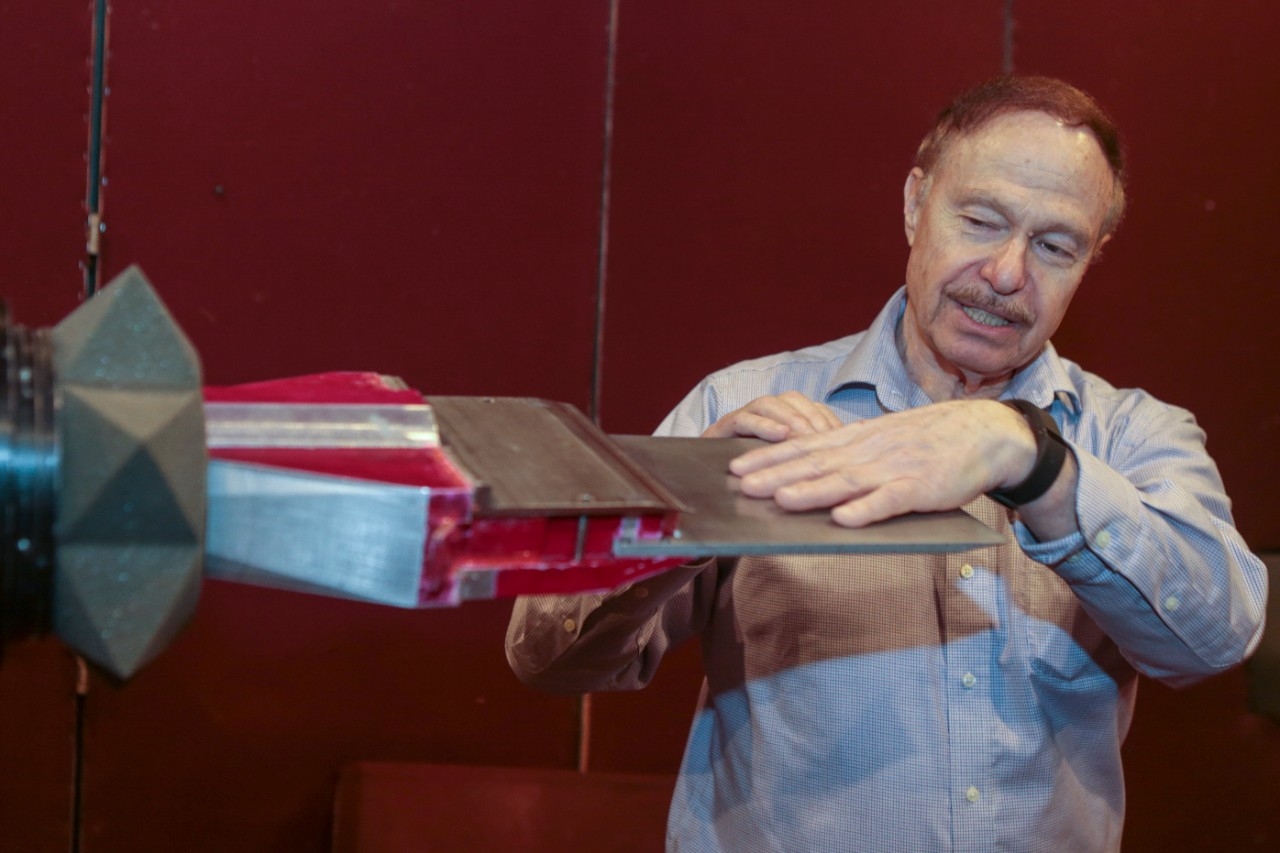 UC distinguished professor Ephraim Gutmark studies jet noise produced by different shapes of nozzles in his engineering lab.