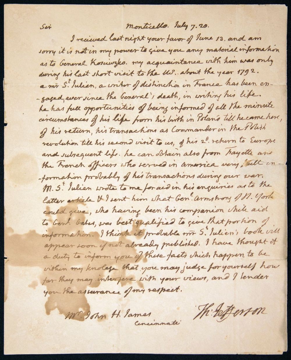 Full handwritten letter from Thomas Jefferson to James