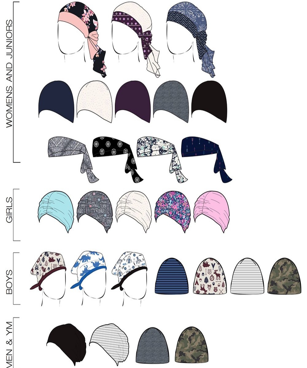 Headwrap and cap design sketches for women, girls, boys and men