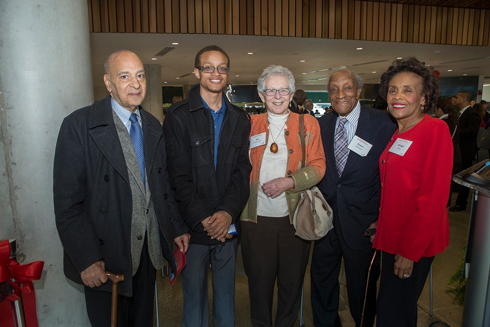 A group of attendees pose for a photo at the Marian Spencer Hall dedication.