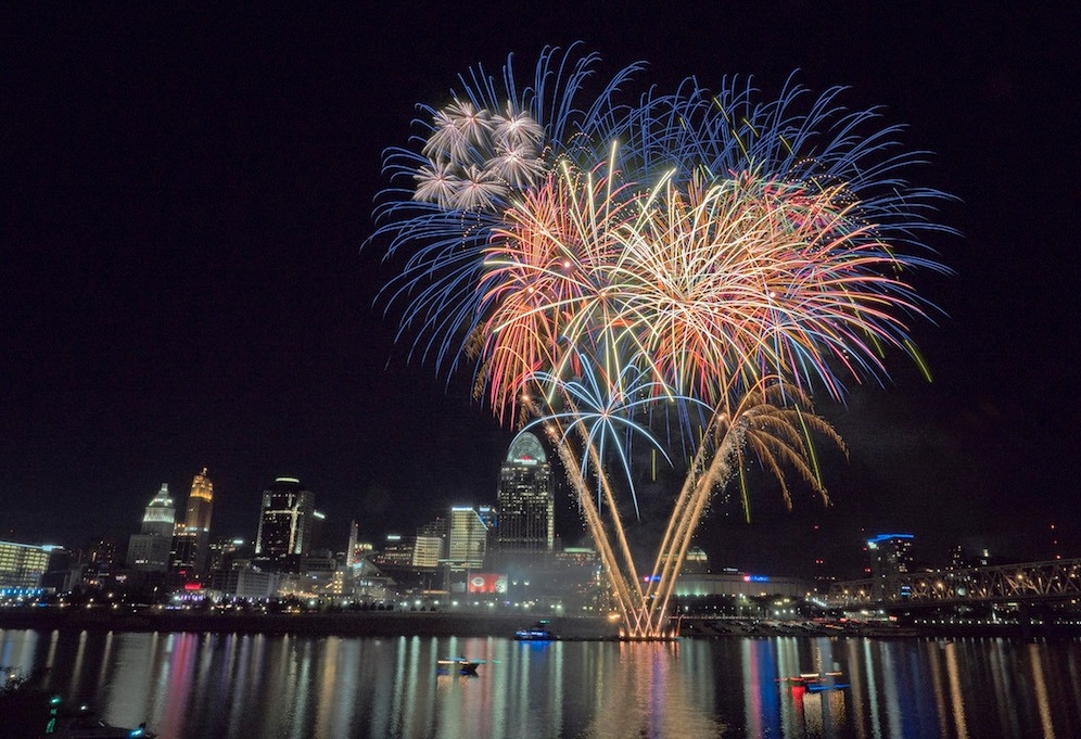 Fireworks over downtown Cincinnati riverfront.