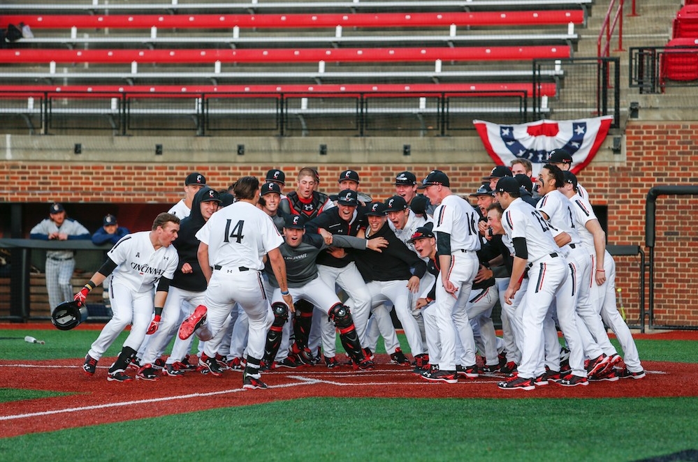 Bearcats baseball team celebrates after a win.