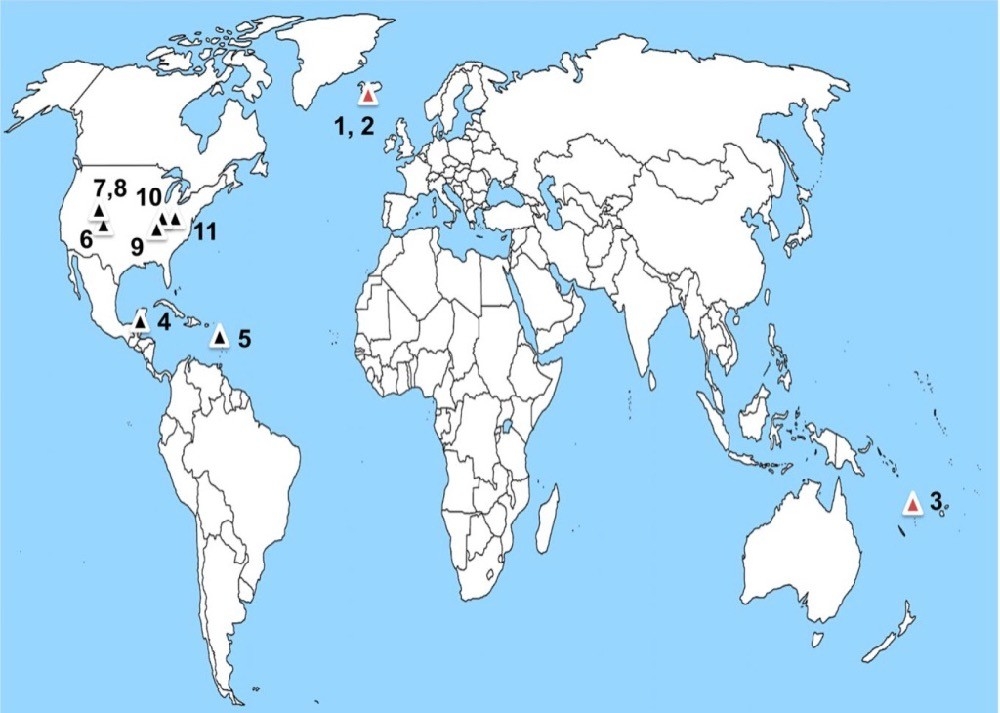 A global map indicating volcanic activity marked by numbers.