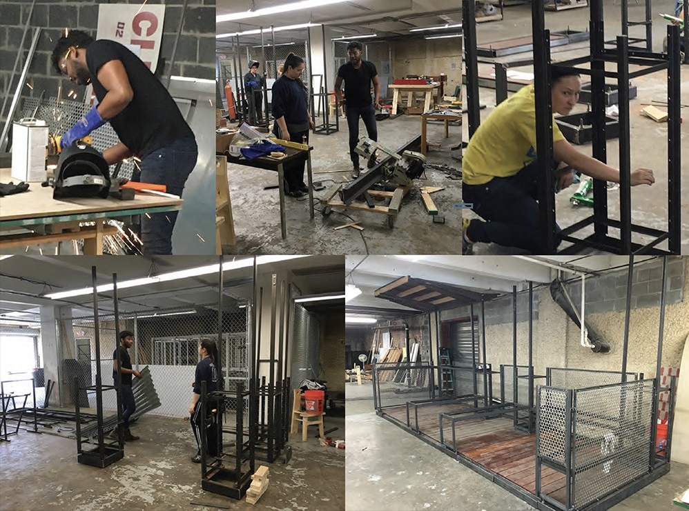 DAAP graduate architecture students construct the parklet in a workspace. DAAP graduate architecture students construct the parklet in a workspace.