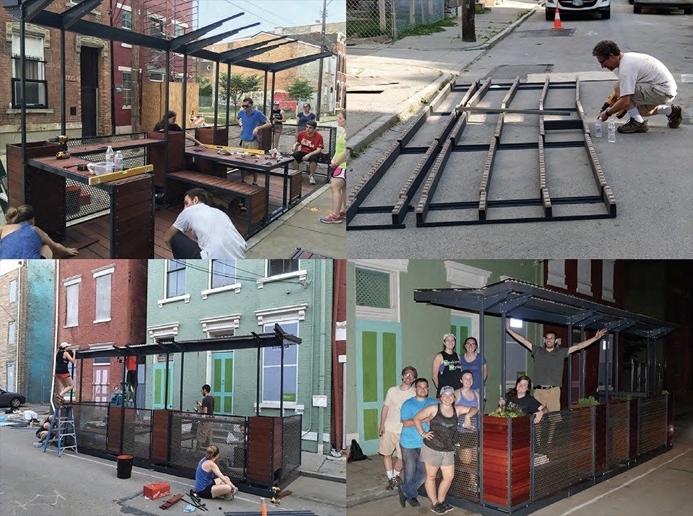 DAAP graduate architecture students and professor Michael Zaretsky install the parklet on Pleasant Street in Over-the-Rhine. DAAP graduate architecture students and professor Michael Zaretsky install the parklet on Pleasant Street in Over-the-Rhine.
