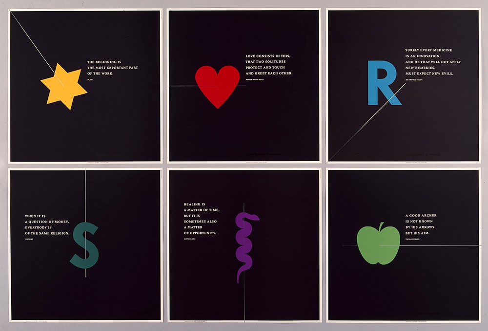 Probst’s award-winning promotional poster series designed for Laser Centers of America features six black posters, one with a yellow star, one with a red heart, one with a blue R, one with a green S,' one with a purple sneak and one with a green apple.