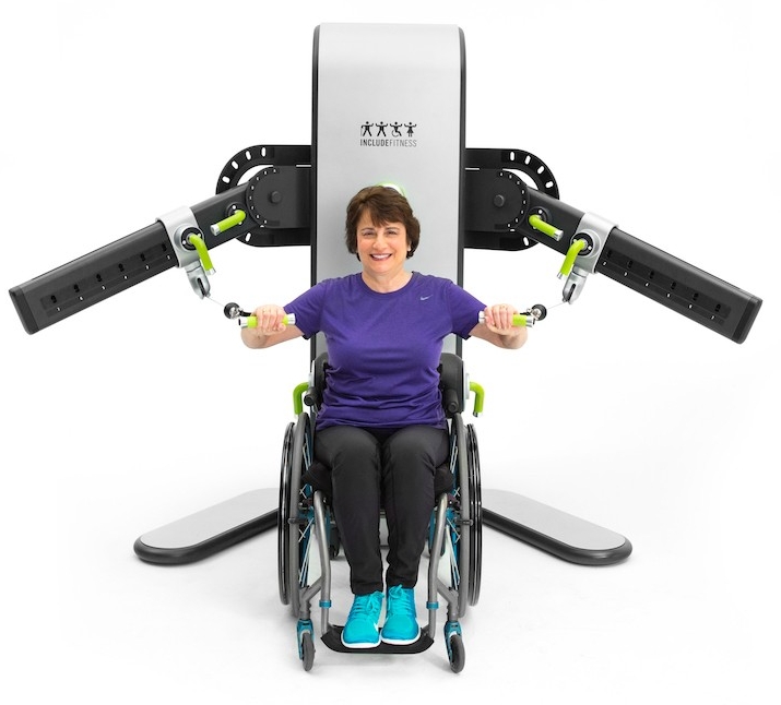 A model demonstrates The Access Strength system while in her wheelchair.