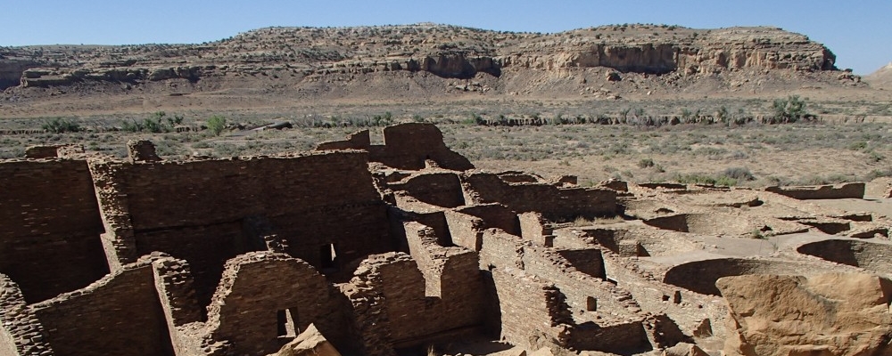 Broken-rock ruins of a Great House in Chaco Canyon, New Mexico