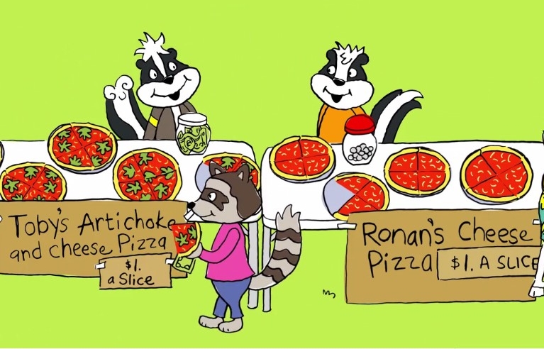 Screenshot from $martPath showing two skunks selling pizza
