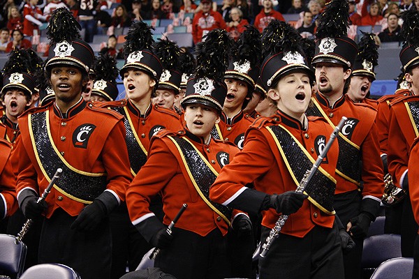 The UC band leads the ''Down-the-Drive'' cheer with Bearcats fans.