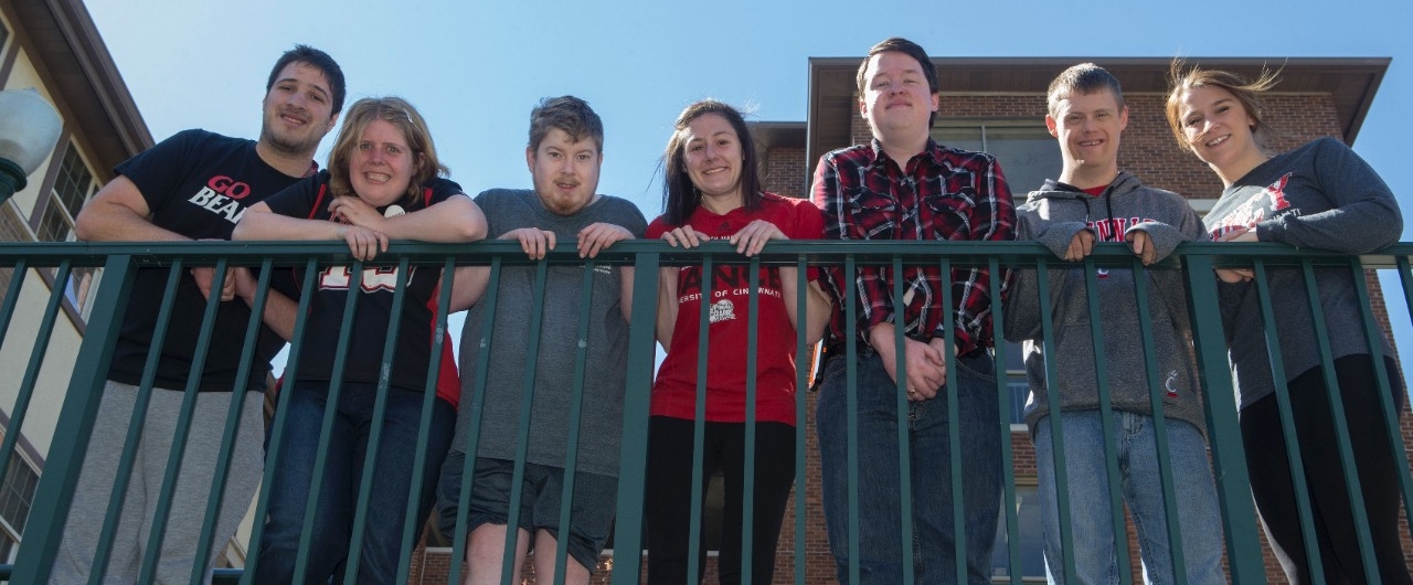 Left to right: University of Cincinnati TAP student Stephen Krawee, Karly Saeks, Brett Eisentrout, Arielle Bachrach, Benjamin Minney, Peter Merz and student teacher Erin Vogt posed here at the TAP house patio.