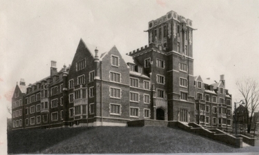 A black and white image from the 1940s depicts UC's Memorial Hall.