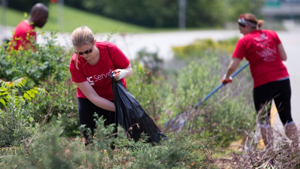 woman stands stuffing dead weeds into a black garbage bag