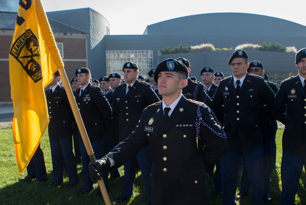 The Army ROTC stands in formation. 