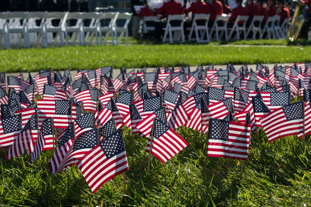 2,034 American flags in the lawn of McMicken Commons, each one representing a UC student veteran.