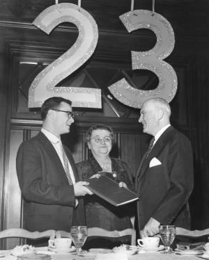 Irwin Metzger, President of the University of Cincinnati Student Council, is shown left above with Mrs. Raymond Walters and Dr. Walters at the UC Student testimonial dinner in 1955.  - Enquirer (Cornelius) Photo. 