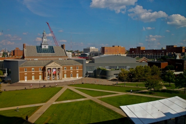 View of campus and TUC from under the tower in 2014. photo/Melanie T-Schefft