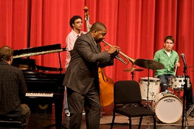 CCM jazz students got to play with legendary jazz trumpeter Wynton Marsalis at a master class. Pictured are pianist Allen Braman, bassist Maurice Ellis and drummer Martin Diller. photo/Dottie Stover