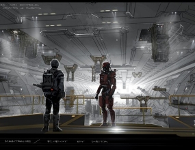Two androids look a the underside of Elysium.