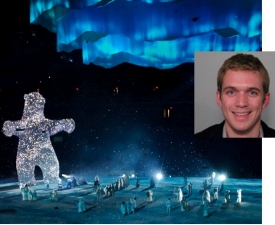 Photo of the 2008 Olympics opening ceremony with an ice bear on the ice. Inset photo of Travis Hagenbuch.