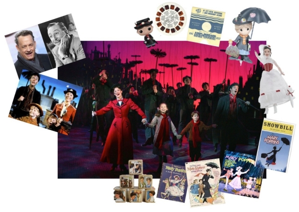 Collage of Mary Poppins memorabilia, including a Playbill, paper dolls, a storybook, a scene from the Broadway show, a scene from the old movie, a scene from the new movie and building blocks.