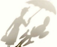 Two shadows, one of Mary Poppins holding her umbrella and another of Micky Mouse, side by side.