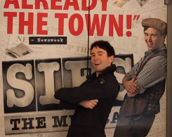 Garett Hawe poses right next to his own bigger-than-life photo on the "Newsies" poster.