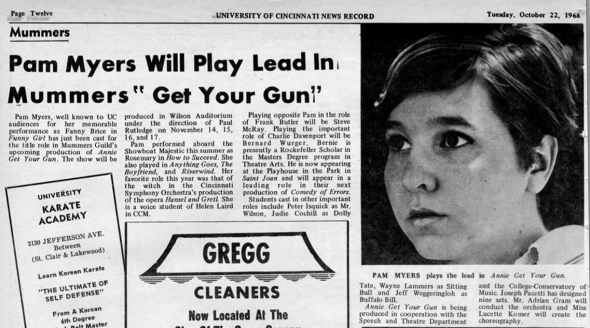 A headshot of a young Pam Myers and an article about Pam Myers Will Play Lead in Mummers' 'Get Your Gun'
